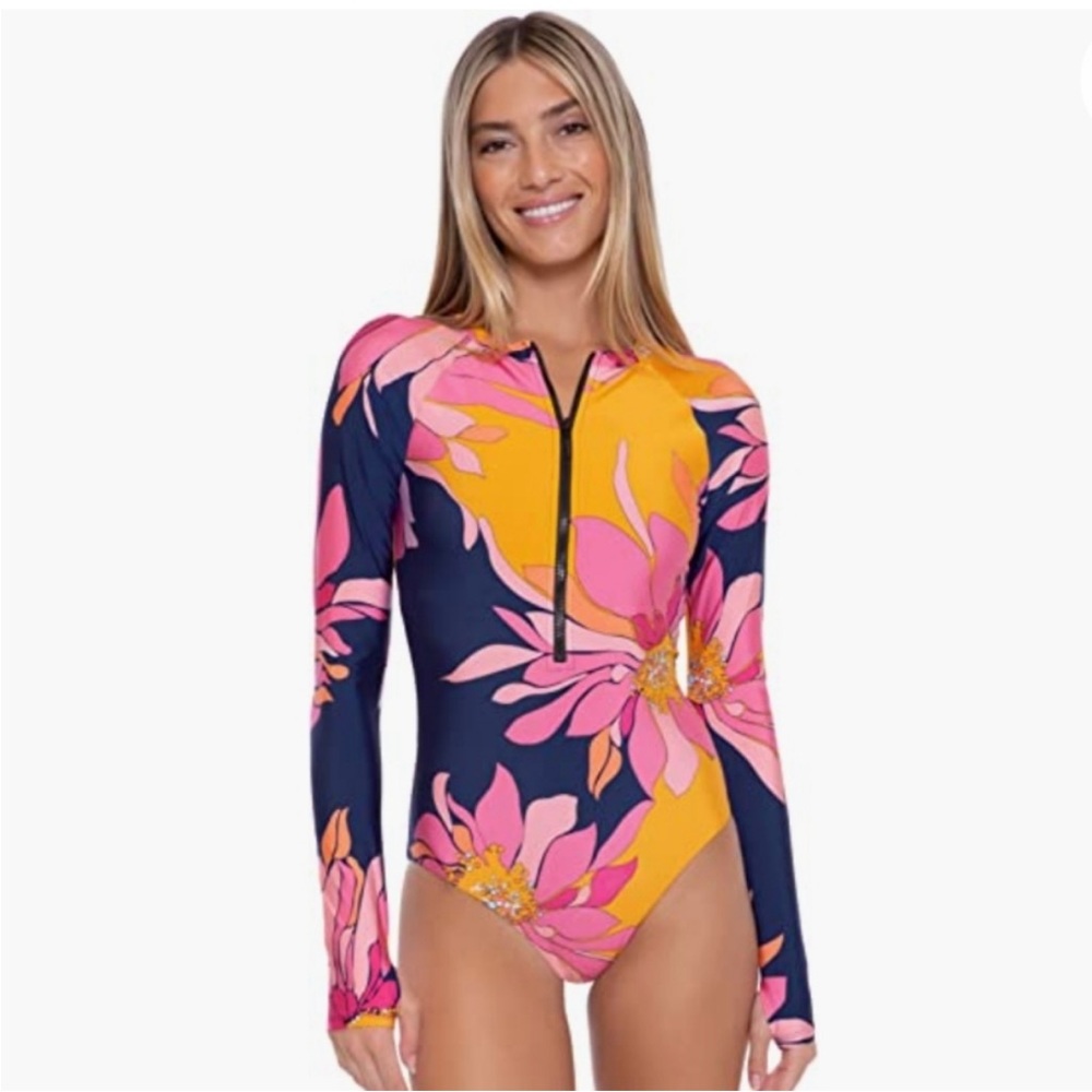 Trina Turk Breeze Floral Long Sleeve One Piece Swimsuit Zip Front Surf Paddle